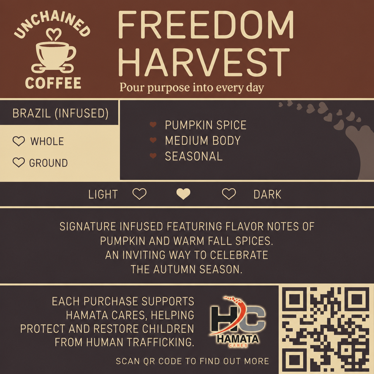 Freedom Harvest fall seasonal coffee with pumpkin spice and warm fall spices